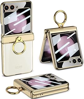 SHIEID Capa transparente para Samsung Z Flip 5 com proteção de dobradiça e suporte de anel, capa magnética à prova de choque para Galaxy Z Flip 5, transparente, dourada