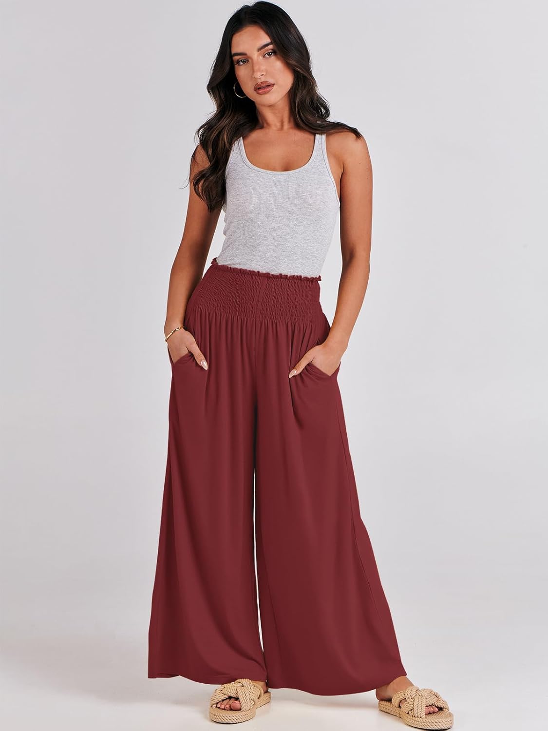 ANRABESS Women Palazzo Pants Summer Boho Bagyy Wide Leg High Smocked Waist Casual Loose Lounge Pant with Pocket - Image 6