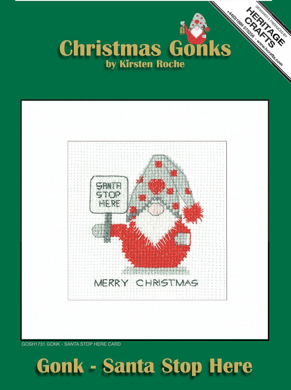 Heritage Crafts White Cross Stitch Kit - Christmas Card, Gonk - Santa Stop Here - Kirsten Roche