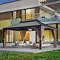 Greesum 12'x16' Hardtop Metal Gazebo, Outdoor Galvanized Steel Double Roof Canopy, Aluminum Frame Permanent Pavilion with Netting and Curtains for Patio, Backyard, Deck and Lawns