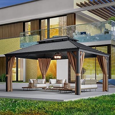 Greesum 12'x16' Hardtop Metal Gazebo, Outdoor Galvanized Steel Double Roof Canopy, Aluminum Frame Permanent Pavilion with Netting and Curtains for Lawns, Patio, Deck, Parties