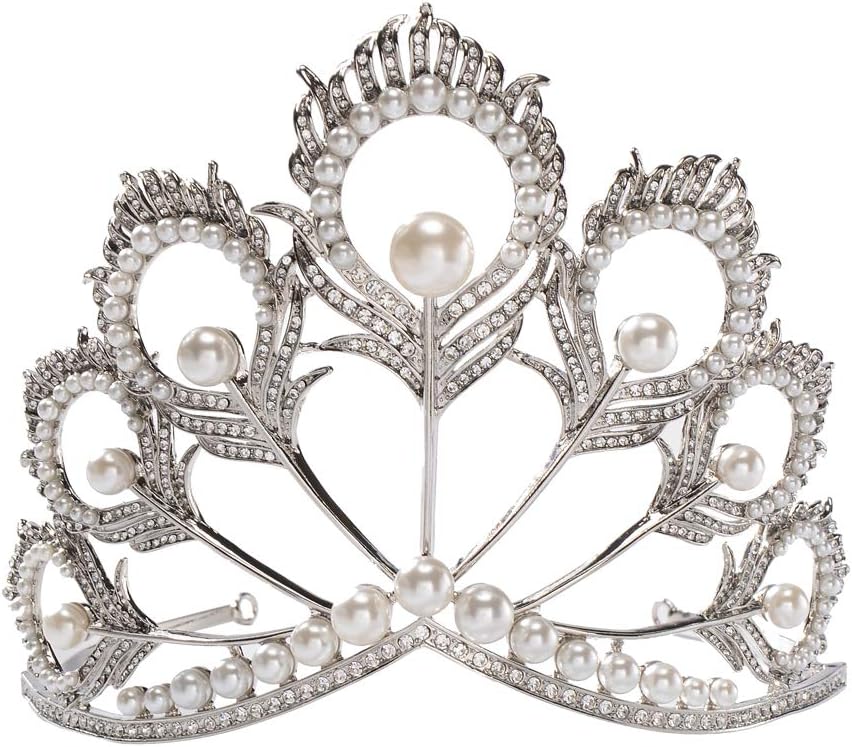 S SNUOYMiss Universe Crown Pearl Rhinestone Tiara Pageant Queen Crown Wedding Hair Jewelry