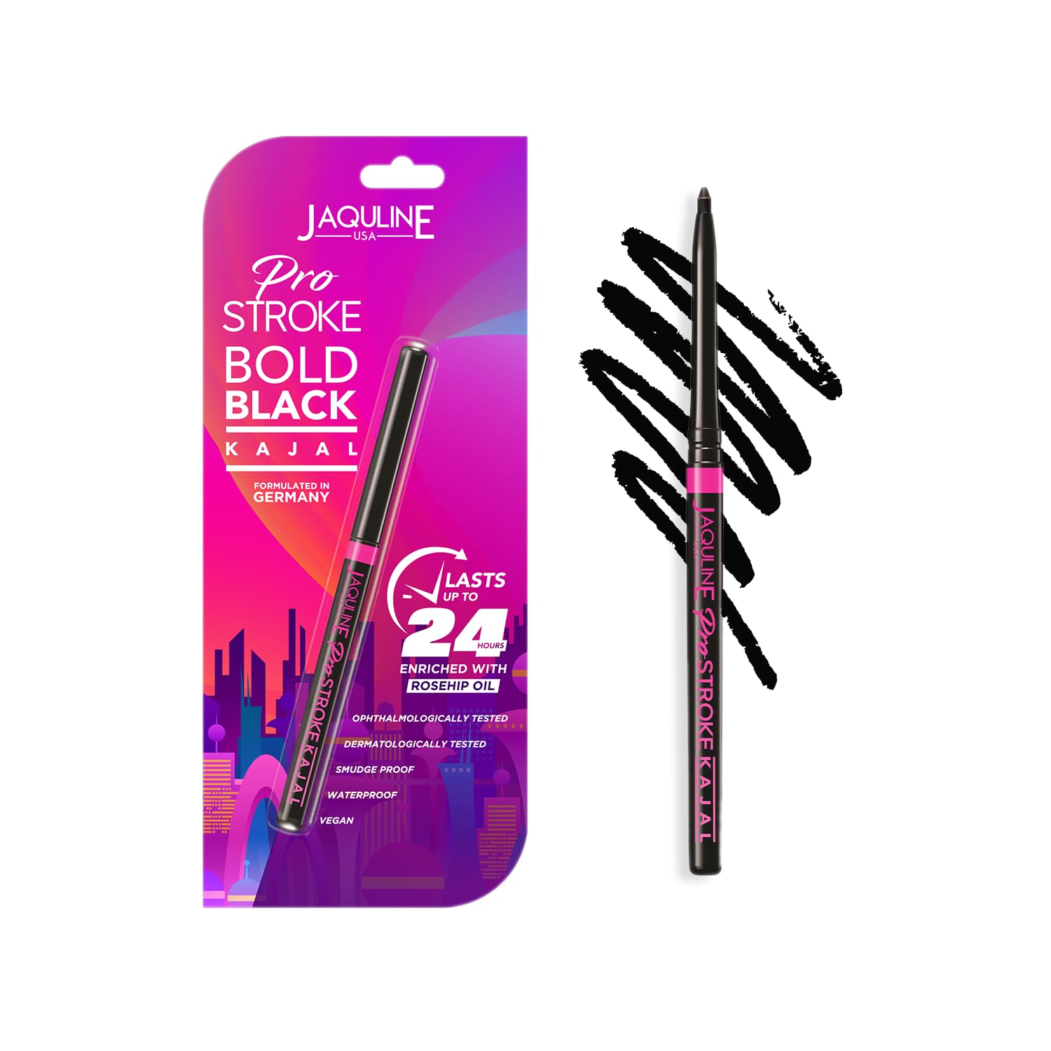 JAQULINE USA Pro Stroke Bold Black Kajal | Smudge-Proof & Waterproof | 24Hr Long Stay | Intense Black Pigment | Vegan Formula | Smooth Eye-Defining Kajal