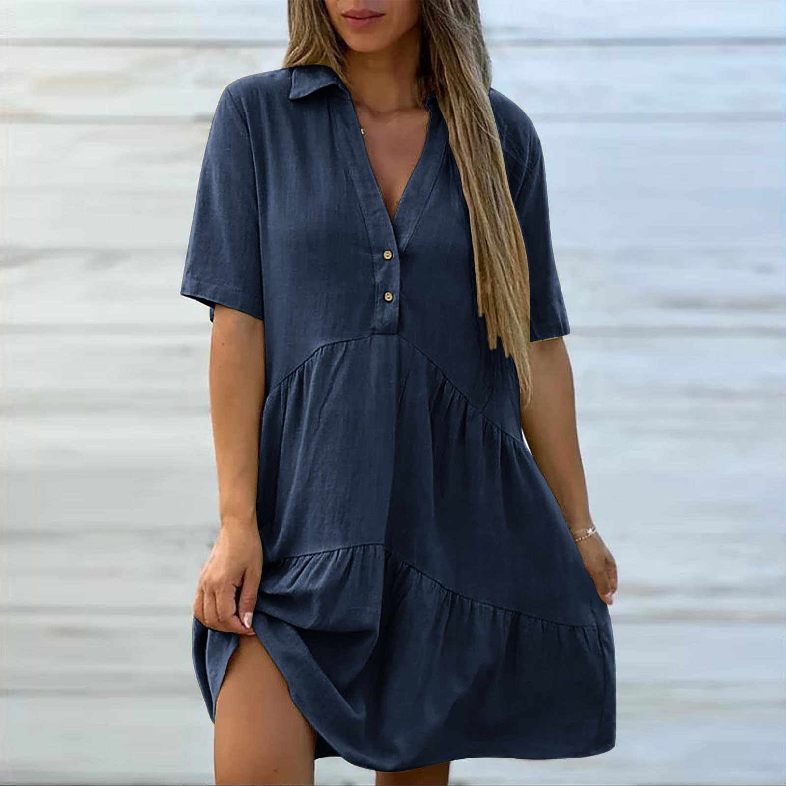 Womens Cotton Linen Dresses Summer Casual Loose Fit Sundress V Neck Button Down Short Sleeve Mini Dress - 4
