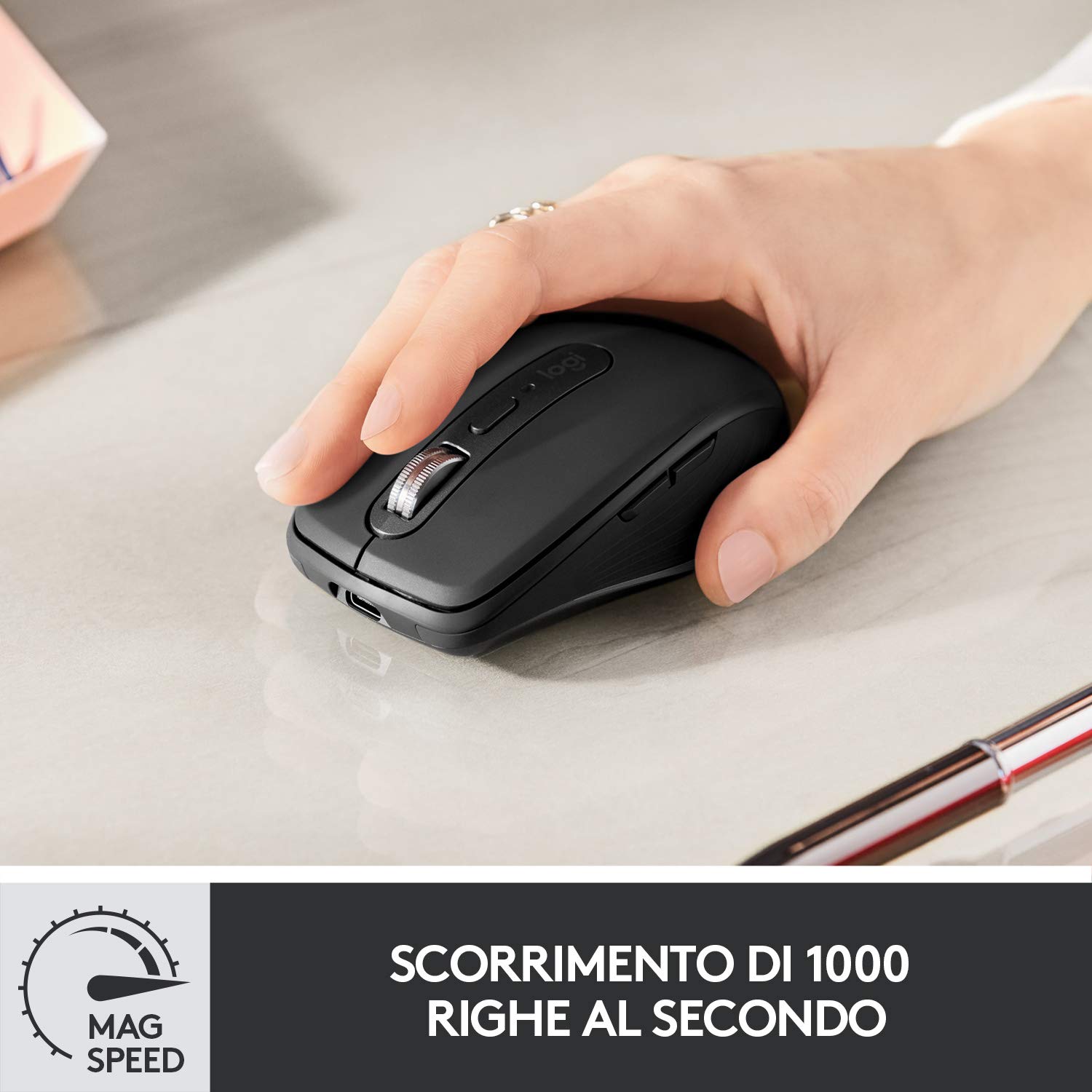Logitech MX Anywhere 3 Mouse Compatto Performante – Wireless | Scroller Elettromagnetico, Ergonomico, 4000 DPI, Pulsanti Custom, USB-C, Bluetooth, Mac, iPad, Windows, Linux, Chrome - Nero