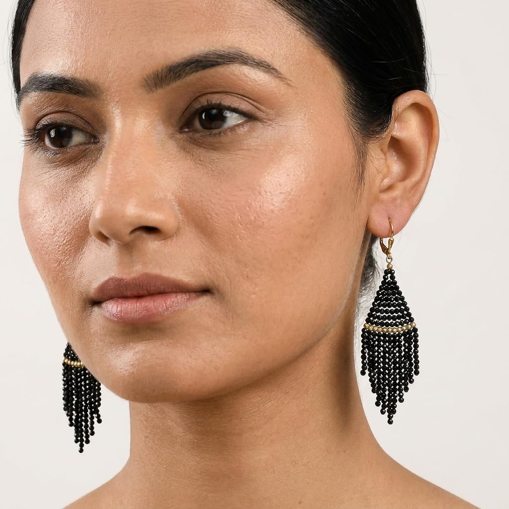 925 Sterling Silver Plated Black Spinel Beaded Earrings with Gold Plated Brass Balls | Natural Gemstone Statement Earrings for Women | Designer Jewelry Gift for Her | 58.53 Cts