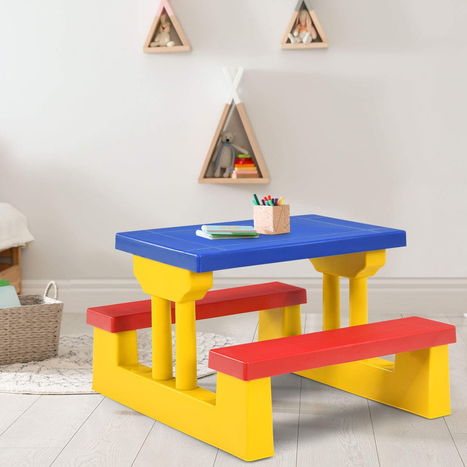 COSTWAY Kindersitzgruppe Outdoor mit Sonnenschirm, Kinder Picknicktisch mit Tisch & 2 Sitzbänke, Kinder Sitzgarnitur Garten, Kindertisch Gartenmöbel für Hinterhof, Terrasse (Gelb)