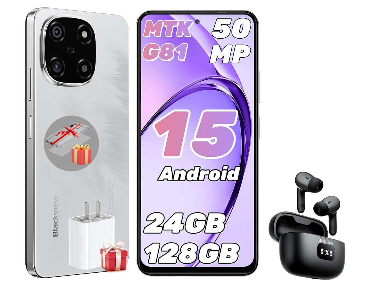 Blackview Color 6 Smartphone Android 15, 24(8+16) GB+128GB/2TB, Octa-Core, 6.67" 90 Hz, 50MP+13MP, Telefono 2025, 5000 mAh 18W, Cellulare Doppia SIM/OTG/Face ID/Fingerprint/Jack per Cuffie da 3,5 mm