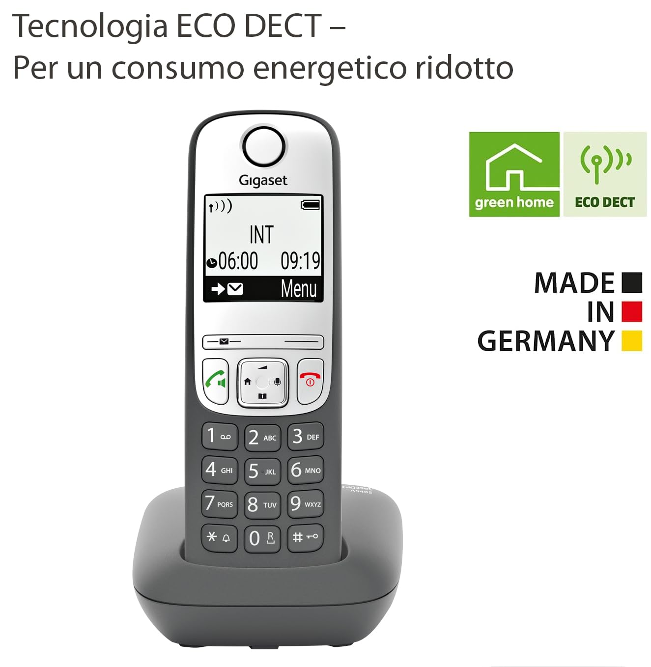 Gigaset AS485 - Telefono Cordless - Vivavoce - Numeri grandi sul display - Tastiera Illuminata - Risparmio energetico, Grigio Antracite [Versione Italiana]