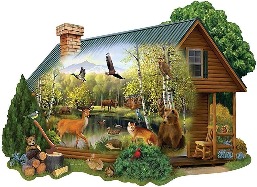 Bits and Pieces – 750 Piece Jigsaw Puzzle for Adults – Cabin in The Wild - Forest Animals Jigsaw Puzzle by Artist Thomas Wood, Completed Puzzle Size: 20" x 27"