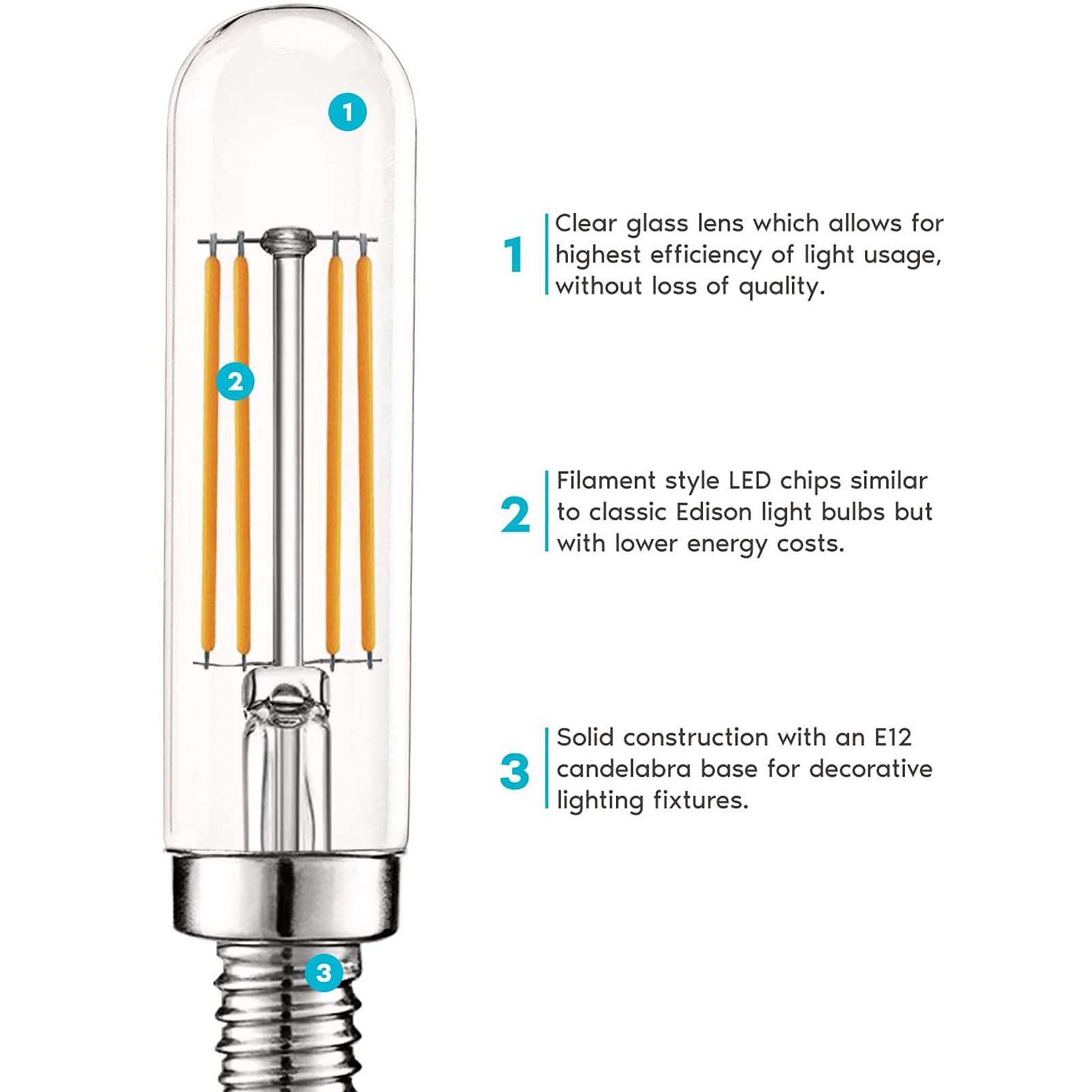 Bombilla LED filamento Edison 4 W, 400 lúmenes, candelabro Bas 00 K, luz blanca cálida, bombillas tubulares Edison T25 vintage, no regulables, paquete 4