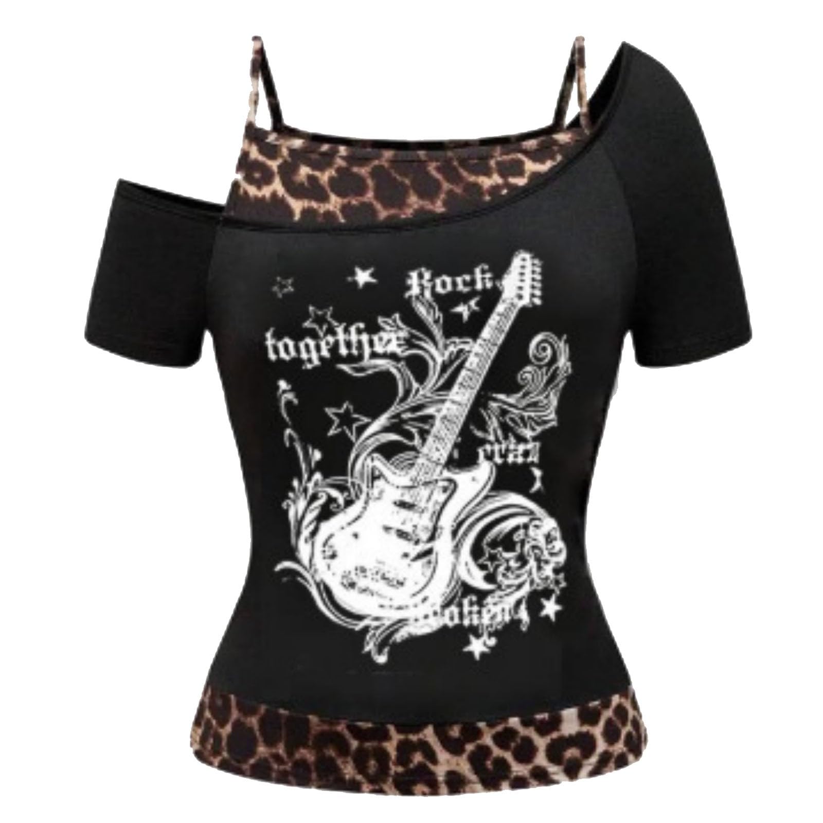 Women's Emo Grunge T-Shirts Vintage Gothic Aesthetic Short Sleeve Off-Shoulder Crop Top Streetwear Punk Summer Harajuku Off-Shoulder Top Y2K Fake 2 Piece Guitar Graphic Baby Tee, P White, L