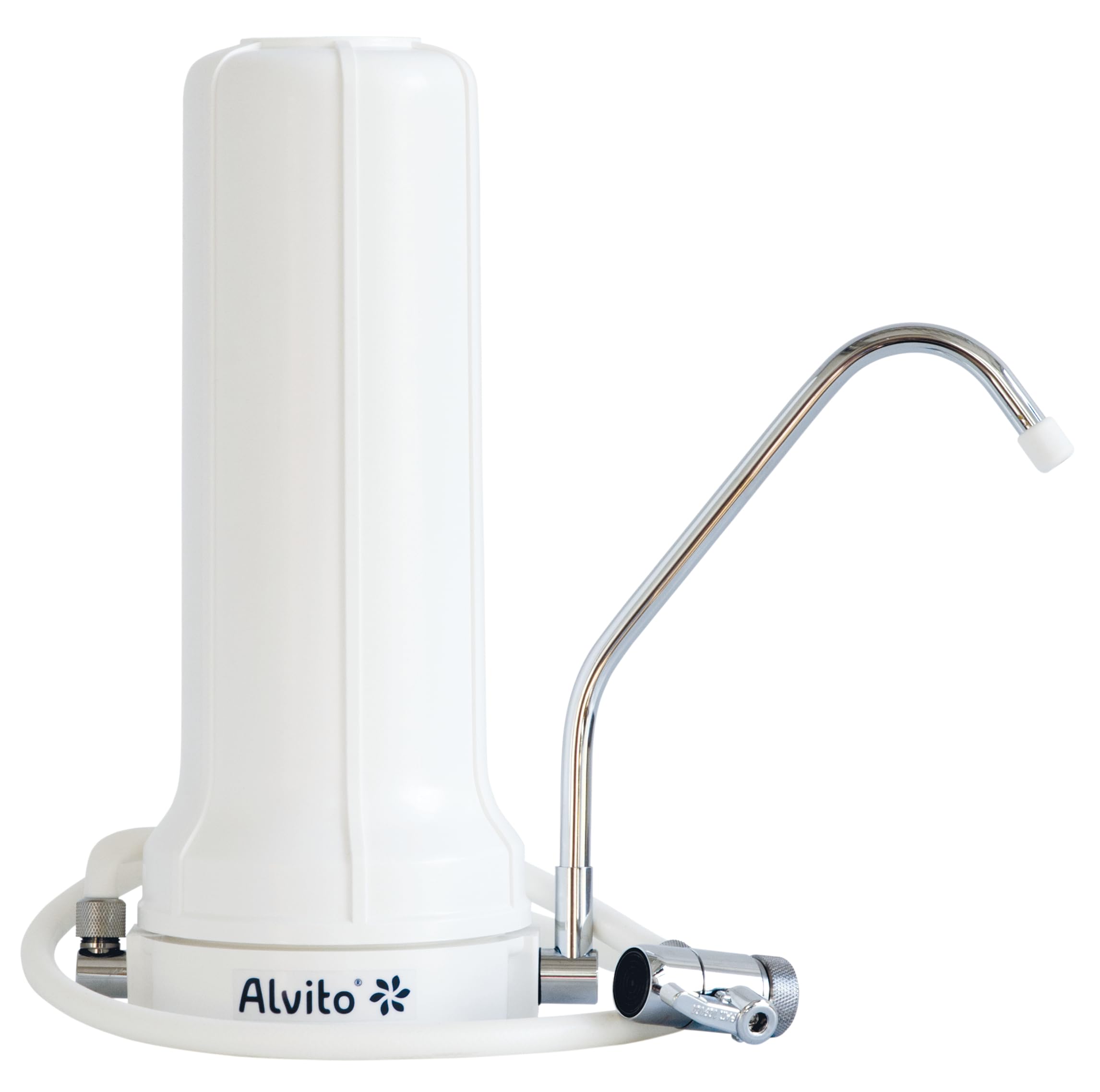 Alvito Auftischfilter Basic - Wasserfilter für Leitungswasser | Filteranlage ohne Kartusche, Ø 120 mm, Höhe 295 mm, M22/M24 Anschluss, PP-Gehäuse, Silikonschlauch