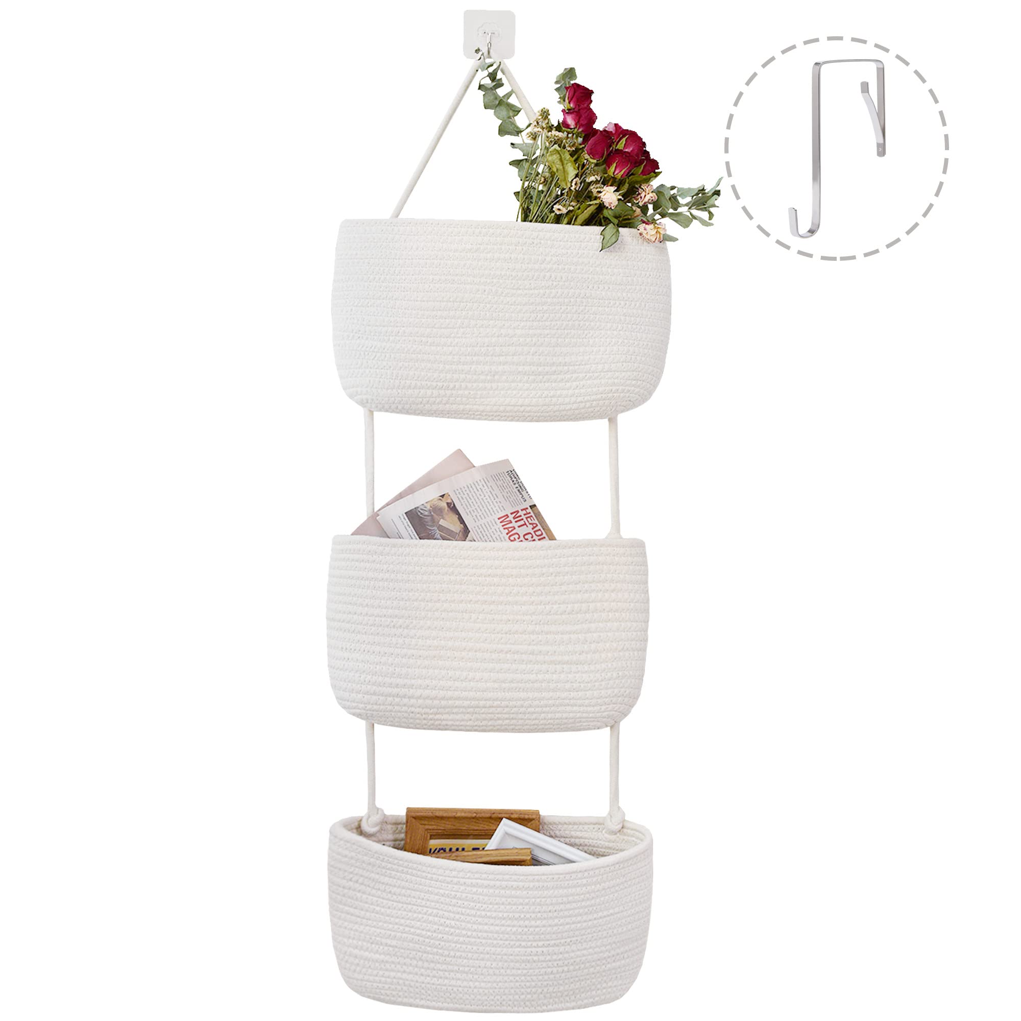 Cotton Over Door Hanging Basket, 3 Wall Mount Hanging Organizer, Magazine Racks, Wall Hanging Baskets, Decorative Hanging Storage Basket for Living Room, Bathroom and Bedroom, White