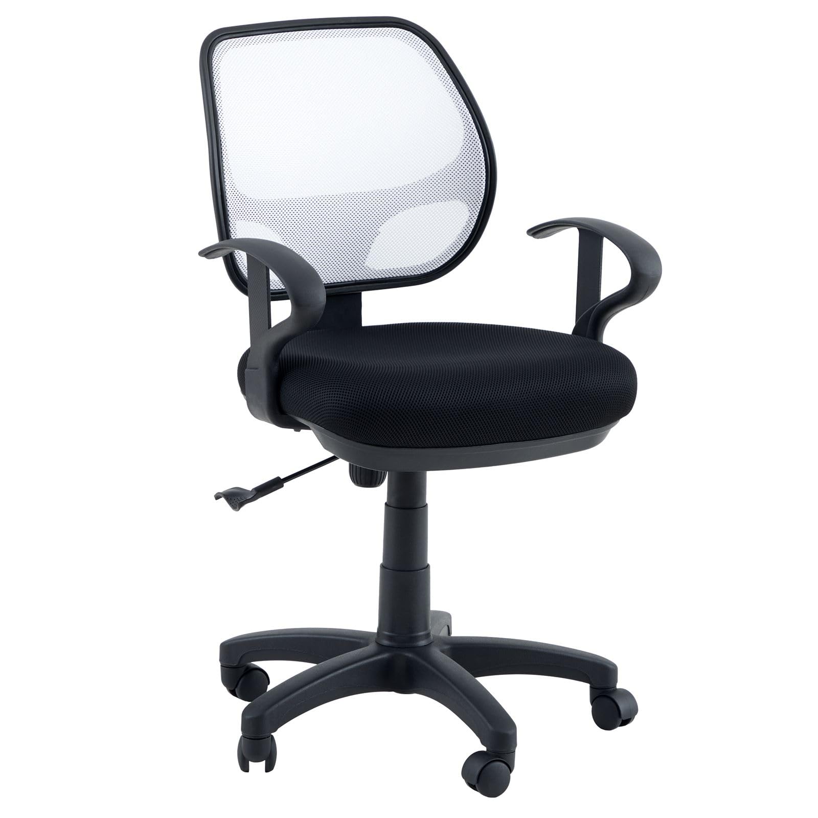 IDIMEX Silla giratoria de escritorio para niños, silla giratoria de oficina, 5 ruedas dobles, asiento acolchado, reposabrazos, color negro y blanco