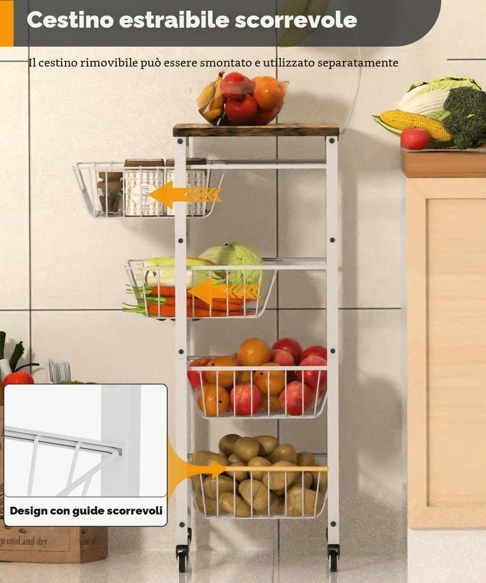 Garbuildman Carrello portaoggetti da cucina a 5 ripiani con cestini estraibili, organizer per frutta e verdura con piano in legno e supporto per banane, per dispensa, soggiorno, bagno, bianco