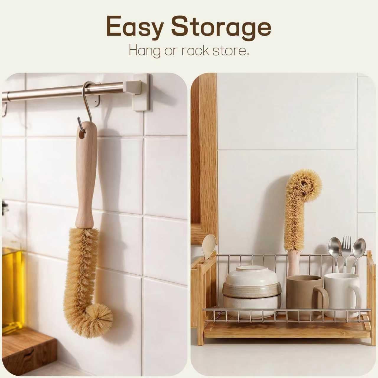 Wooden Bottle Brush - L-Shape Long Handle Cup Scrubber for Water Bottles, Decanters & Glassware - Beech Wood Kitchen Cleaning Tool (Multipack) (4)
