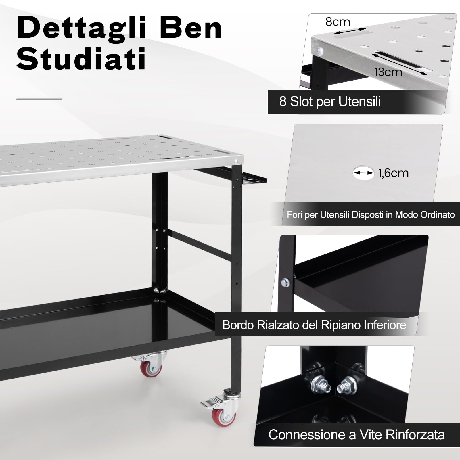 COSTWAY Tavolo da Lavoro, Banco da Lavoro con Supporto per Attrezzi e Vassoio, Fori per Fissaggio, 8 Slot per Attrezzi e Portabocchette per Saldatura, con Ruote, Capacità di Carico 540 KG (Modello 1)