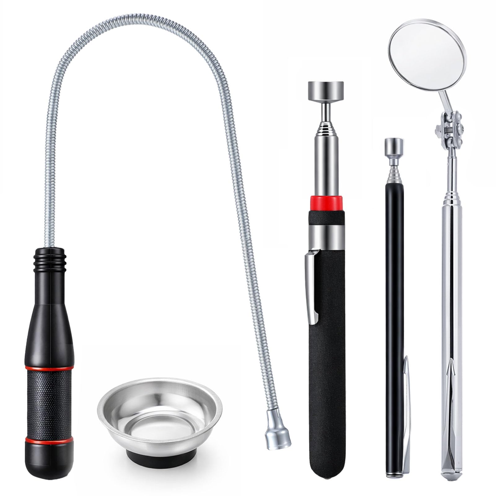 Vyuwast 5 Pcs Telescopic Magnetic Pickup Tool Set, Flexible Magnet Pick up Tool with Magnetic Parts Tray and Retractable Mirror, Extendable Telescopic Magnet for Mechanics, Automotive, DIY