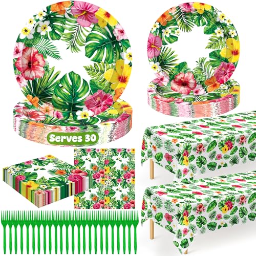 QZYL 122Pcs Luau Party Decorations 30 Sets Paper Luau Plates and Napkins Disposable 9 and 7 Hawaiian Party Decorations Rectangle Hibiscus Palm Leaf Tableware for Summer Holiday Hawaiian Supplies