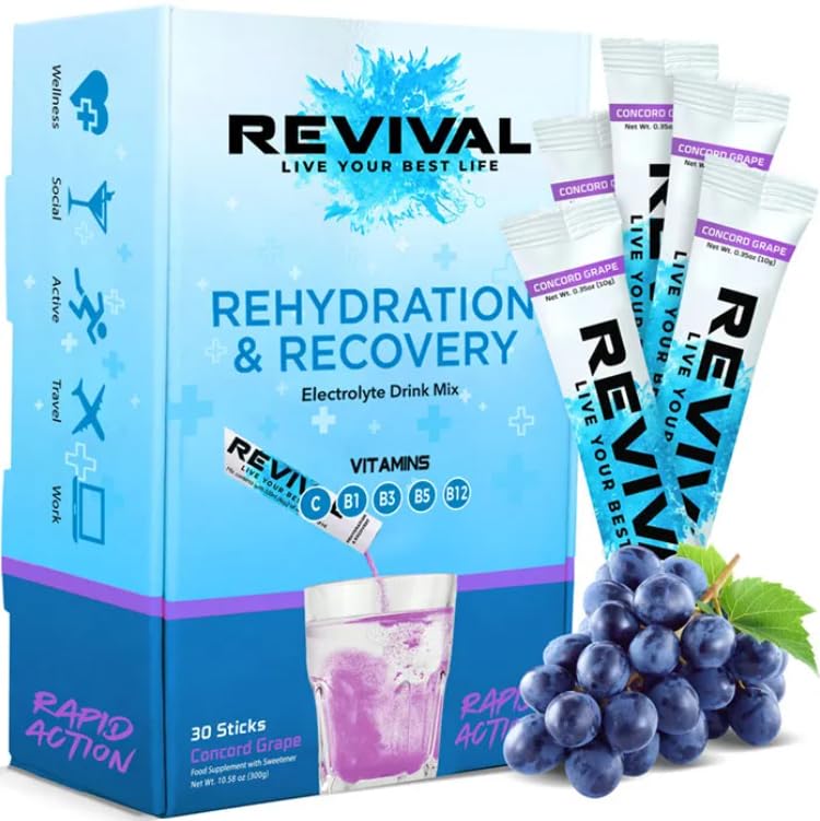 Revival ShotsRapid Rehydration Electrolytes Powder - High Strength Vitamin C, B1, B3, B5, B12 Supplement Sachet Drink, Effervescent Electrolyte Hydration Tablets - 30 Pack Concord Grape