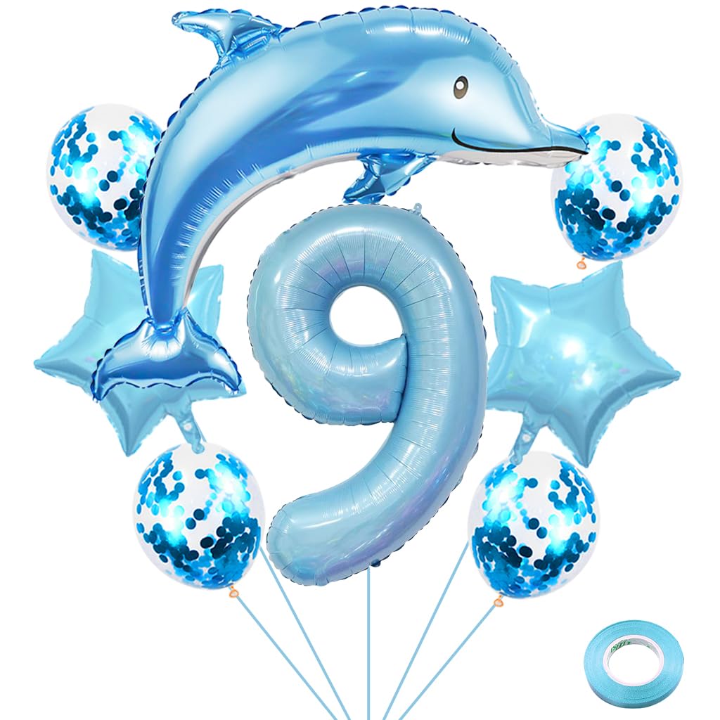 Weenkeey 9th Dolphin Birthday Balloons Giant Dolphin Aluminum Foil Balloon Number 9 Mylar Balloon Ocean Animals Balloons for Ocean Theme Party Supplies Boys Birthday Décor - Light Blue