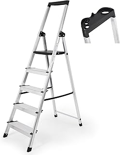 Sekey Klappbare Aluminium Trittleiter 5 Stufen (160 cm), Stabil & rutschfest, mit Werkzeugablage, bis 150 kg Belastbar, TÜV EN131-2, Haushaltsleiter für Garage & Garten