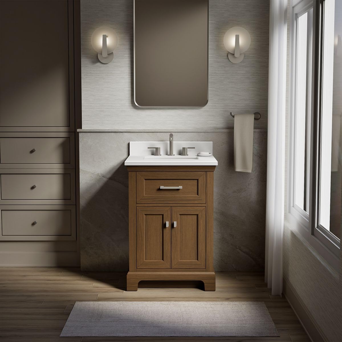 Kohler 29259-BD1-DAK Charlemont 24 in. Bathroom Vanity Cabinet with Sink and Quartz top, Draper Oak