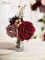 Vista 6 de Serwalin Flores de seda, flores artificiales burdeos para decoración de boda, rosas falsas rosas rosas y rojas con tallos y caja de vegetación
