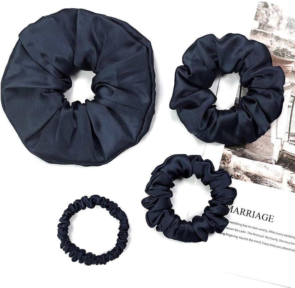 LILYSILK 4Pc Silk Scrunchies Set Navy Blue, Large & Skinny Set - Image 3