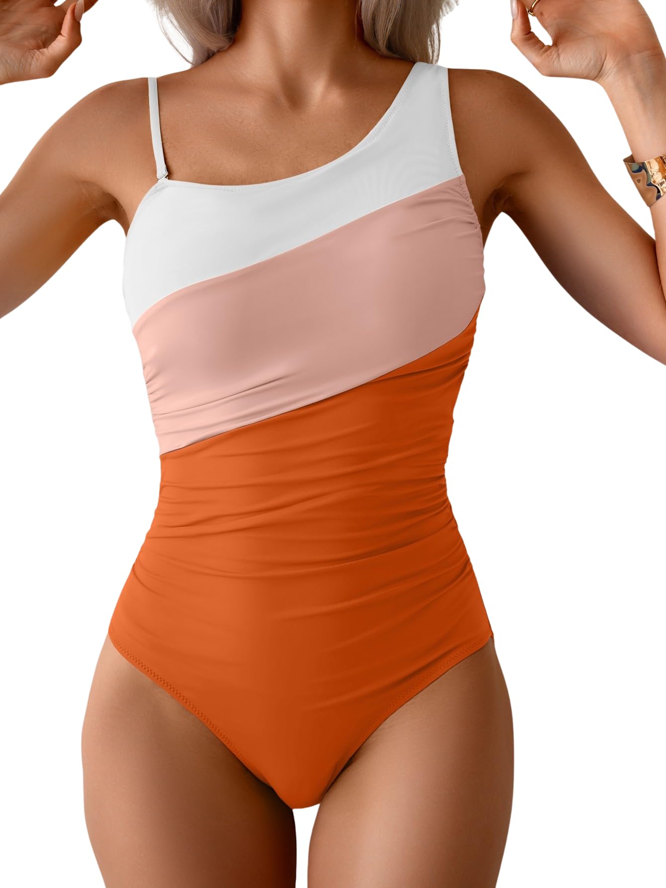 Aidonger One Shoulder One Piece Swimsuit for Women Tummy Control Bathing Suits Color Block Ruched Swim Suit Slimming Swimwear