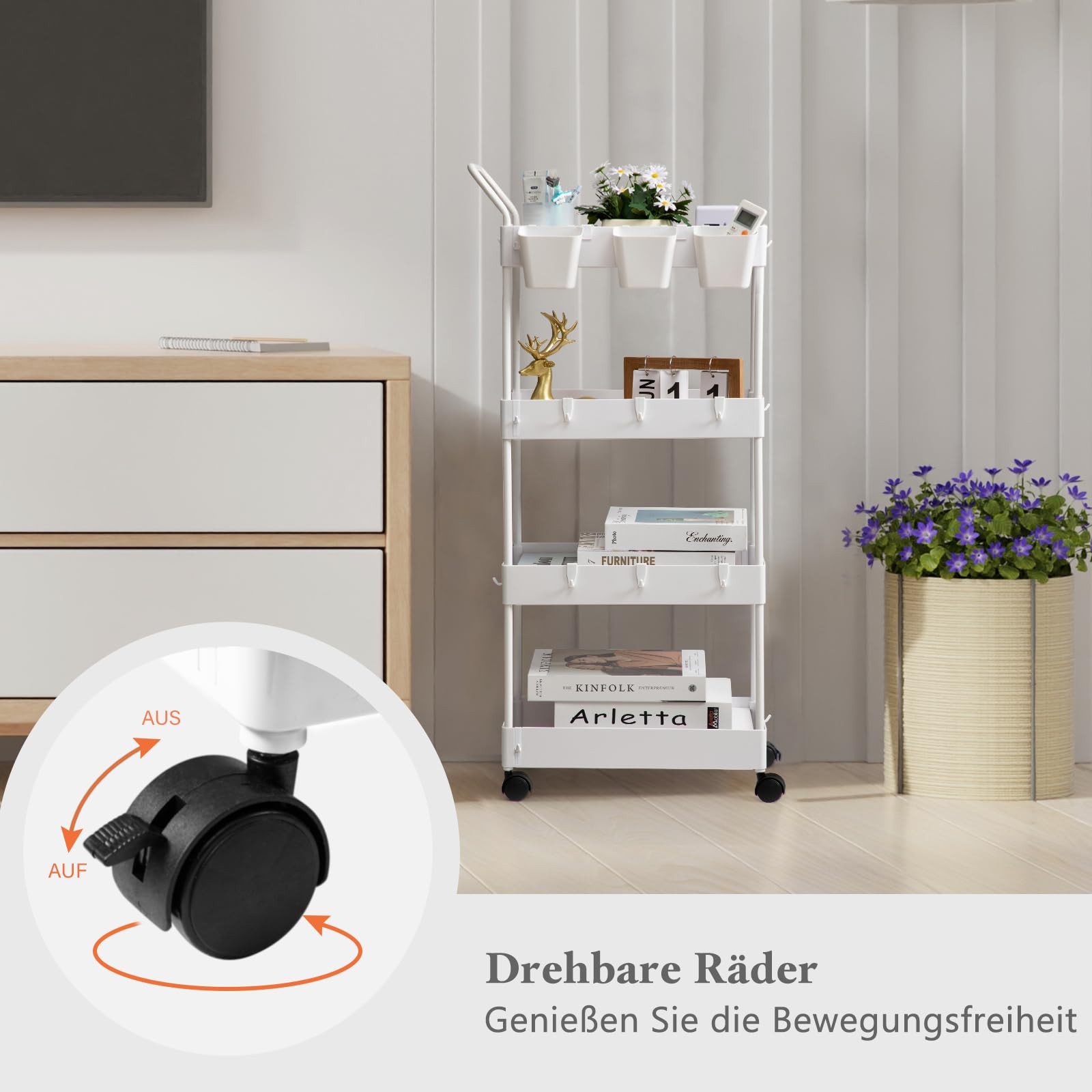 danpinera Chariot de service étroit pour enfants, chariot de service avec 4 niveaux, chariot de cuisine avec séparateurs, crochets et tasses suspendues, chariot de niche pour chambre d'enfant, cuisine