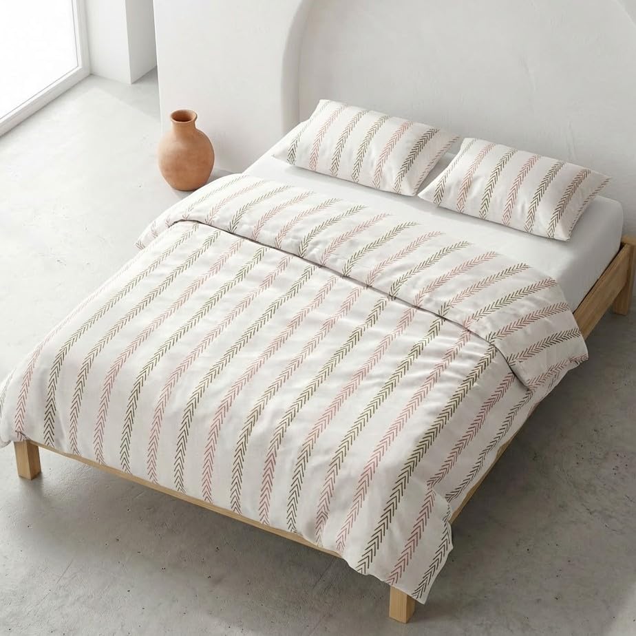 Juego Funda nórdica Cama 150/160 100% algodón   2 Fundas Almohada 50x85 cm, Rayas Original Color Beige