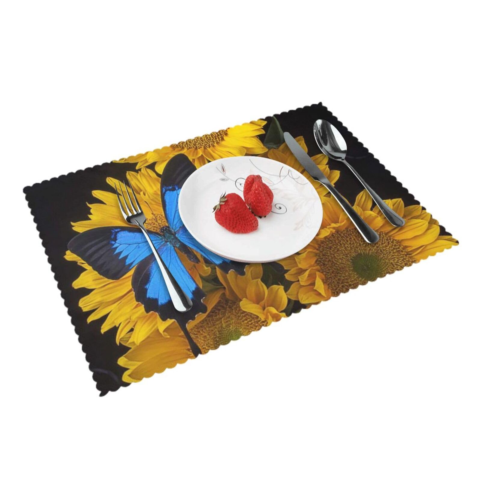 Bnvsadc Yellow Sunflowers With Blue Butterflies 4 Pcs Heat Resistant Placemat 45X30 Cm, Printed Non-Slip Place Mats For Kitchen Dining Table Indoor Outdoor