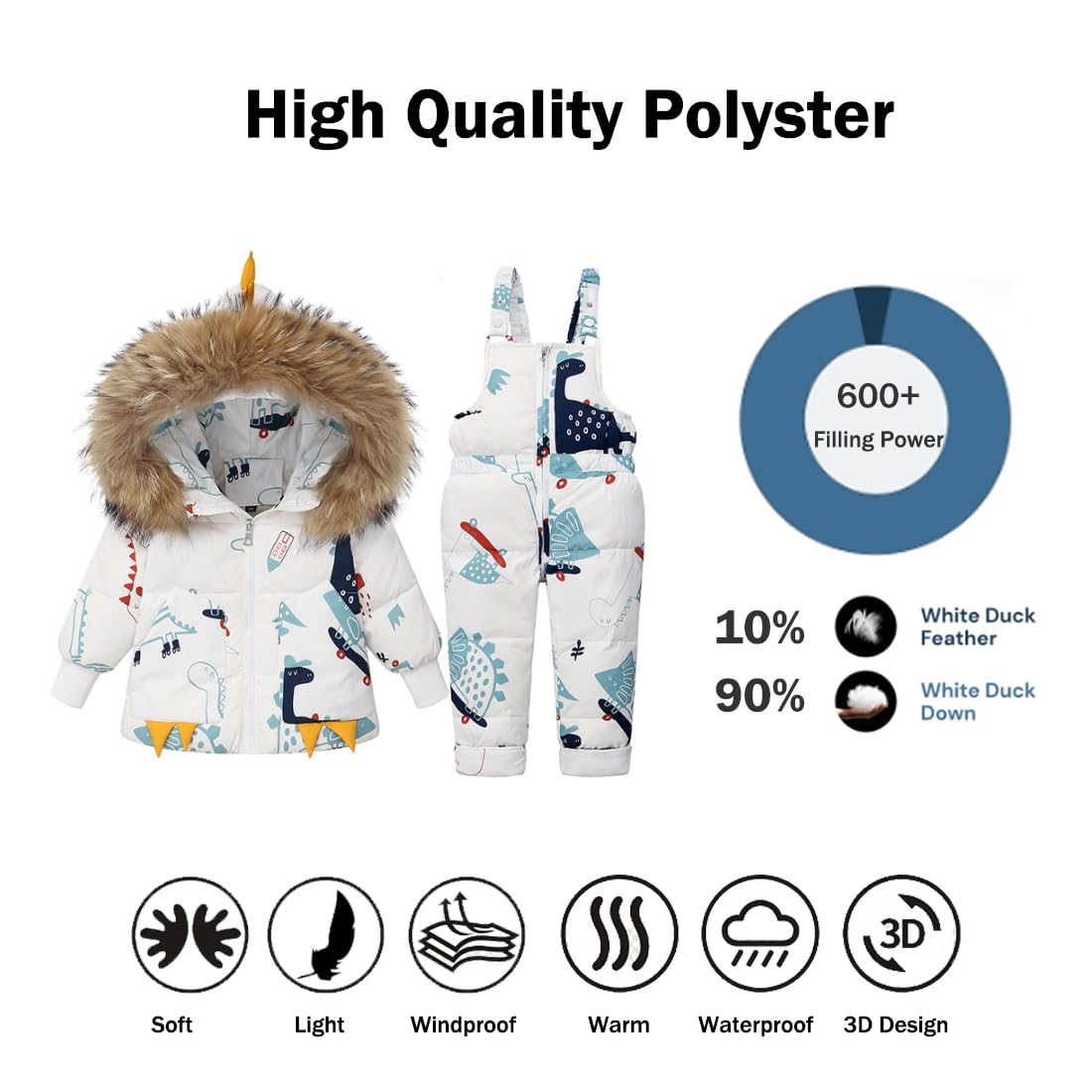 Combinaison de Neige Bébé 2pcs Ensemble Hiver Enfant avec Col en Fourrure Amovible Manteau Chaud et Pantalon Imperméable Coupe-Vent Tenue de Neige pour Fille Garçon Blanc