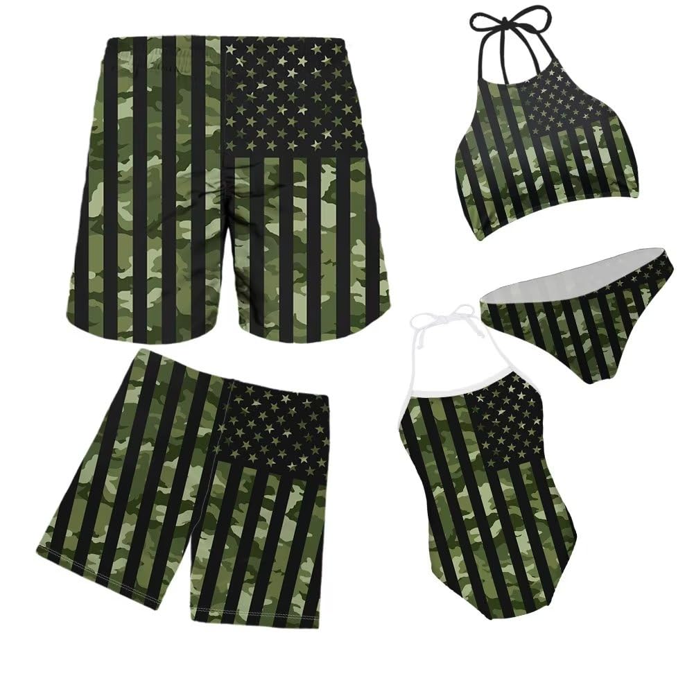 KEIAHUAN Family Matching Swimsuits Couples Swimwear Matching Set Mens Beach Trunks Casual Lightweight Shorts for 4th of July, American Flag Camo Hunting Design-XL