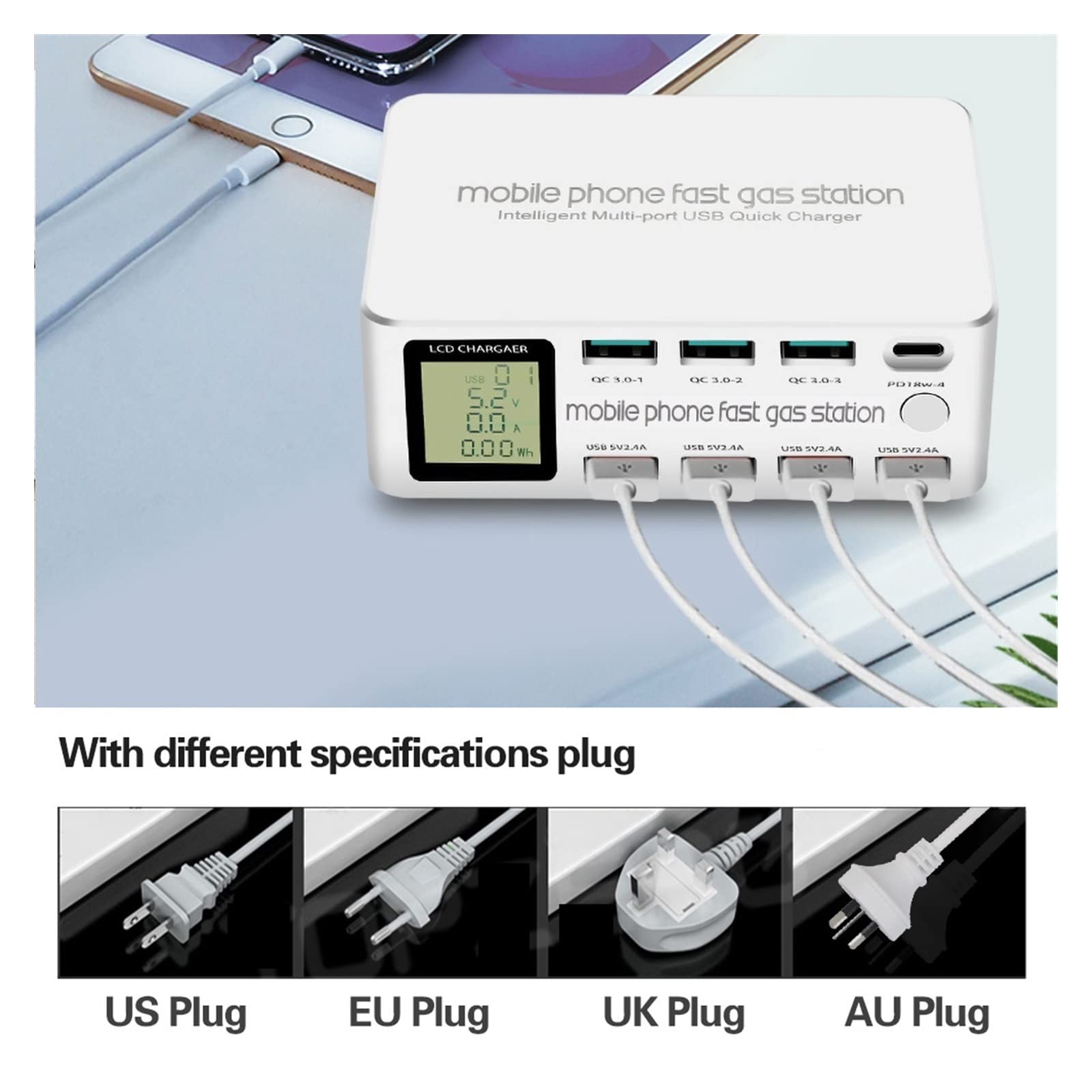 Caricatore USB intelligente 8 porte 100 W Carica rapida 3.0 PD Adattatore di ricarica LCD Multi stazione for cellulare Design portatile