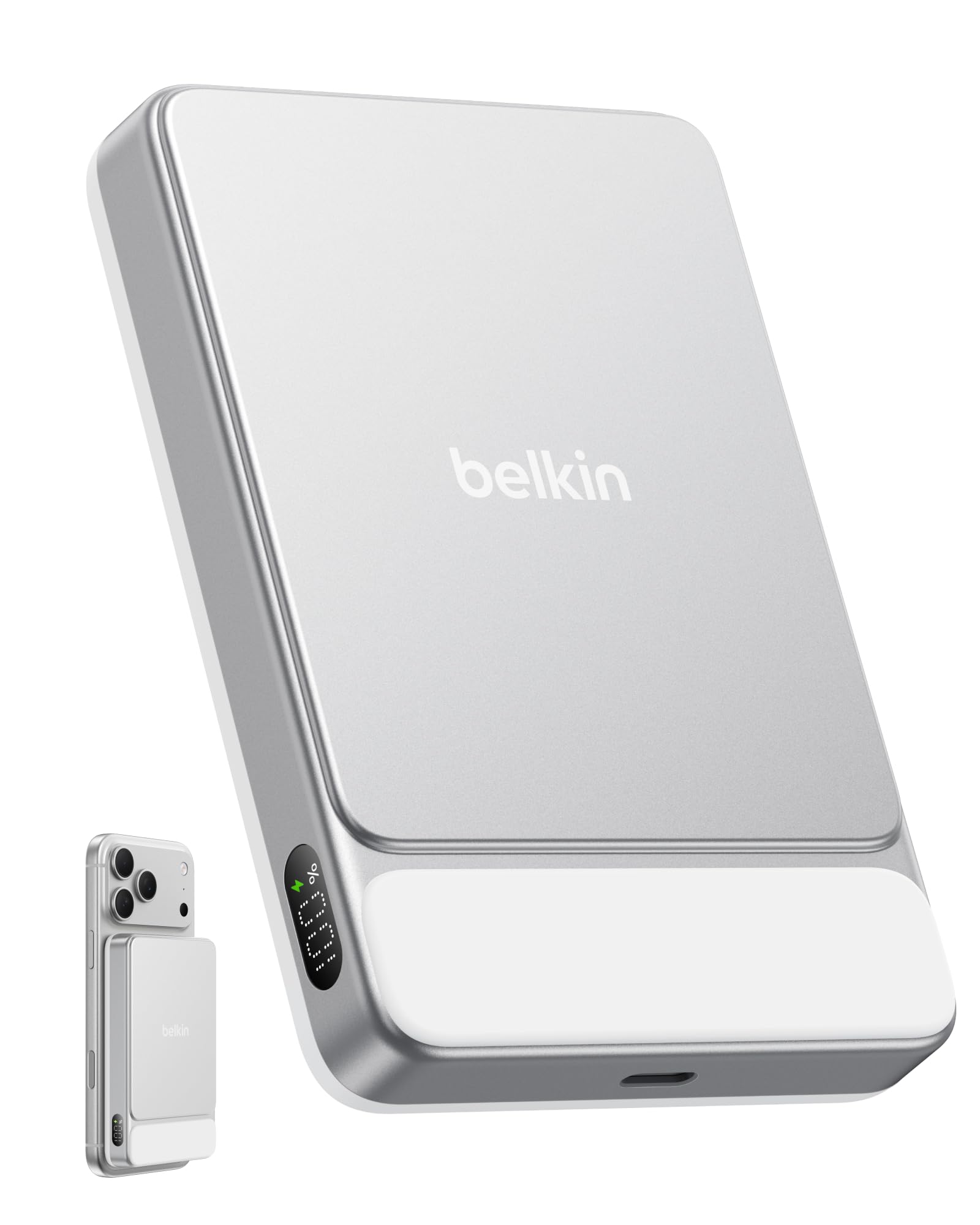 Belkin UltraCharge 10000mAh Magnetische Power Bank, USB-C Port – Weiß | 10K Powerbank Kabellos, Dünn, Qi2-zertifiziert, 25W, Magnetring, USB C Port, Bereits Geladen, Kabel, Geeignet für Flugreisen