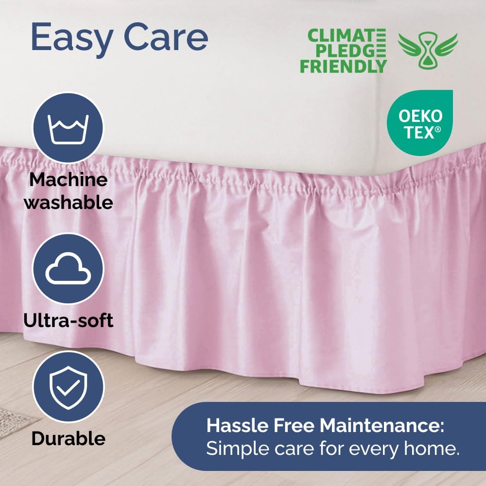 Wrap Around Dust Ruffle Bed Skirt - Light Pink - for Full Size Beds with 15 Inch Drop - Elastic Strap - Adjustable Pleated Bedskirt with Brushed Fabric and Wrinkle Free - for Women, Men, Kids & Teens