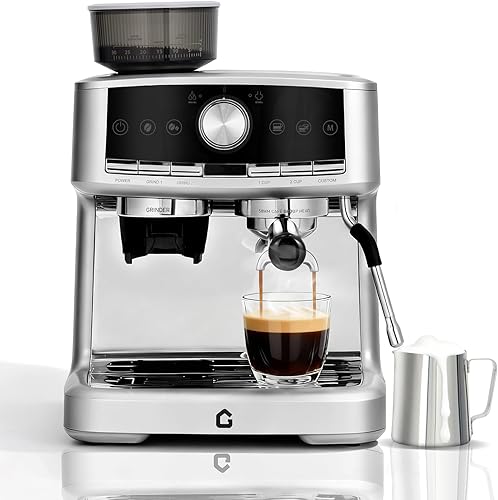 Garvee Máquina de café expreso de acero inoxidable a presión de 20 bar con molinillo, tanque de agua extraíble de 1.5 L, varita de vapor espumador