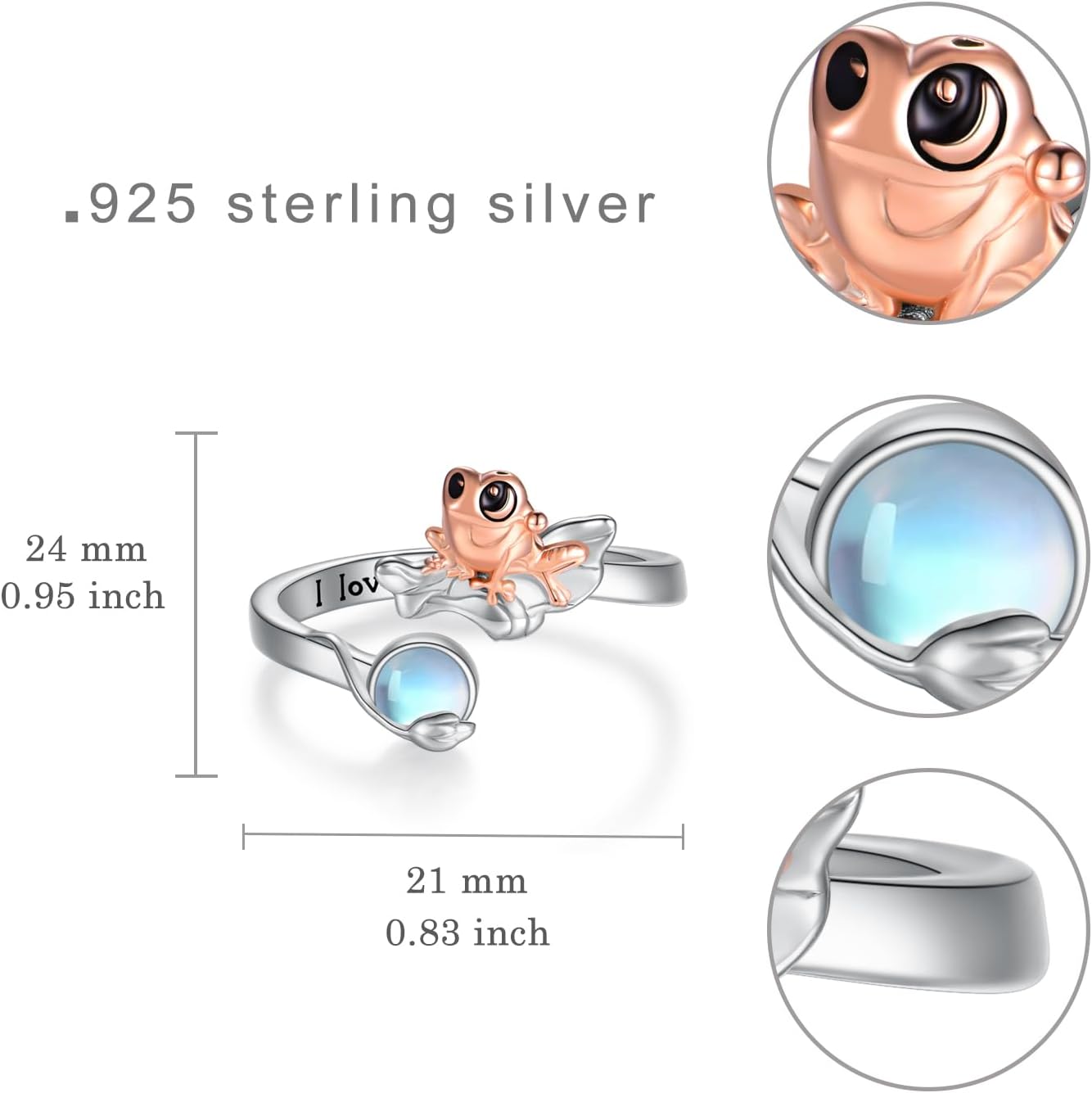 Frog Rings for Women 925 Sterling Silver I Love You Forever Ring Moonstone Frog Open Adjustable Ring Frog Jewelry Gifts for Women