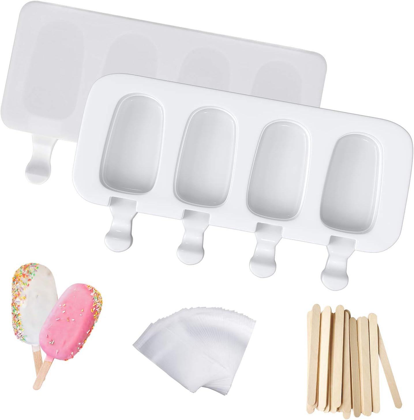 Ozera 2 Pack Silicone Popsicle Molds, 4 Cavities Ice Pop Molds White Oval, Popsicle
