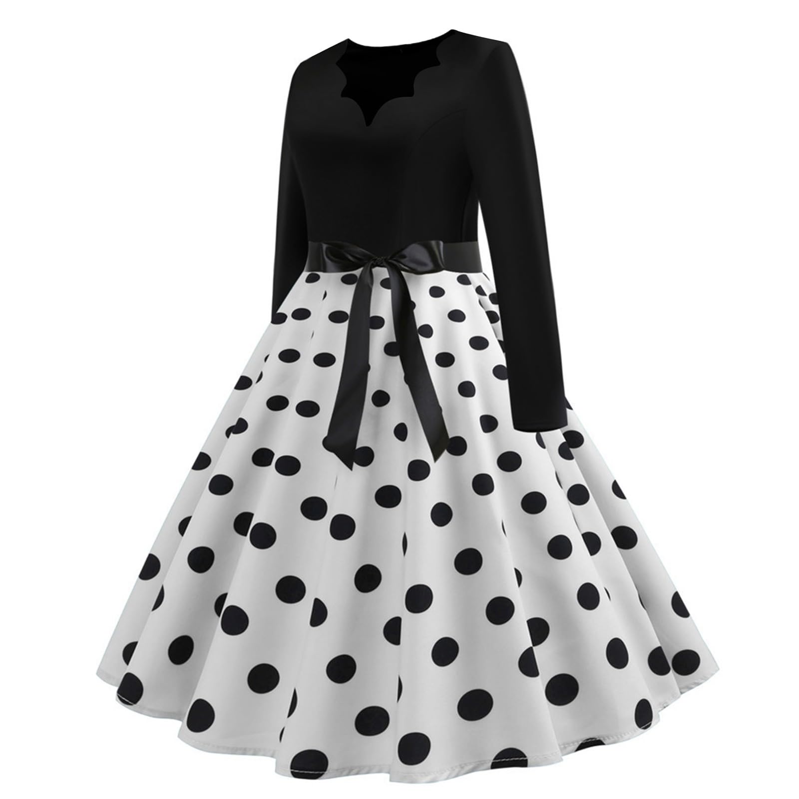 Women's 50s Vintage Swing Dress Polka Dot Long Sleeve A-Line Retro Cocktail Party Dresses with Belt