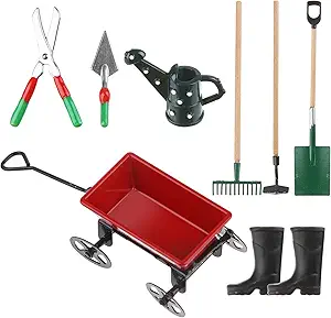 Miniature garden tools and a wheelbarrow for a dollhouse