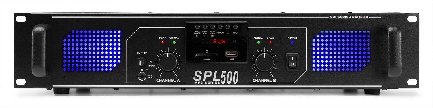 Skytec SPL500MP3 - Amplificateur professionnel, 2X 250 Watts Noir, SD, MP3, USB idéal pour une utilisation mobile, DJ, HIFI, Home Cinéma