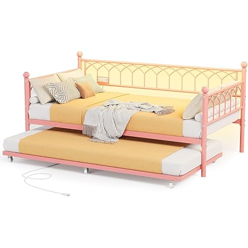 Twin Size Daybed Frame with Trundle, Heavy Duty Metal Platform Sofa Bed Frame with Charging Station and LED Lights for Small Spaces, Living Room, Bedroom, Apartment Pink