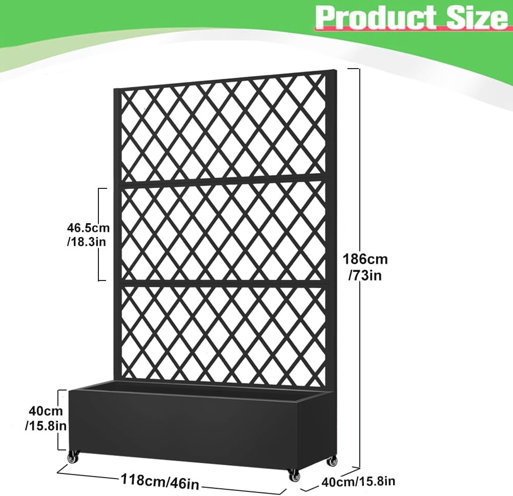 Metal Planter Box with Privacy Screen Trellis,Galvanized Raised Garden Bed On Wheels for Climbing Plants Vines, Standing Garden Flower Bed with Drainage Holes (Black, 47" L x16 W x 73" H)