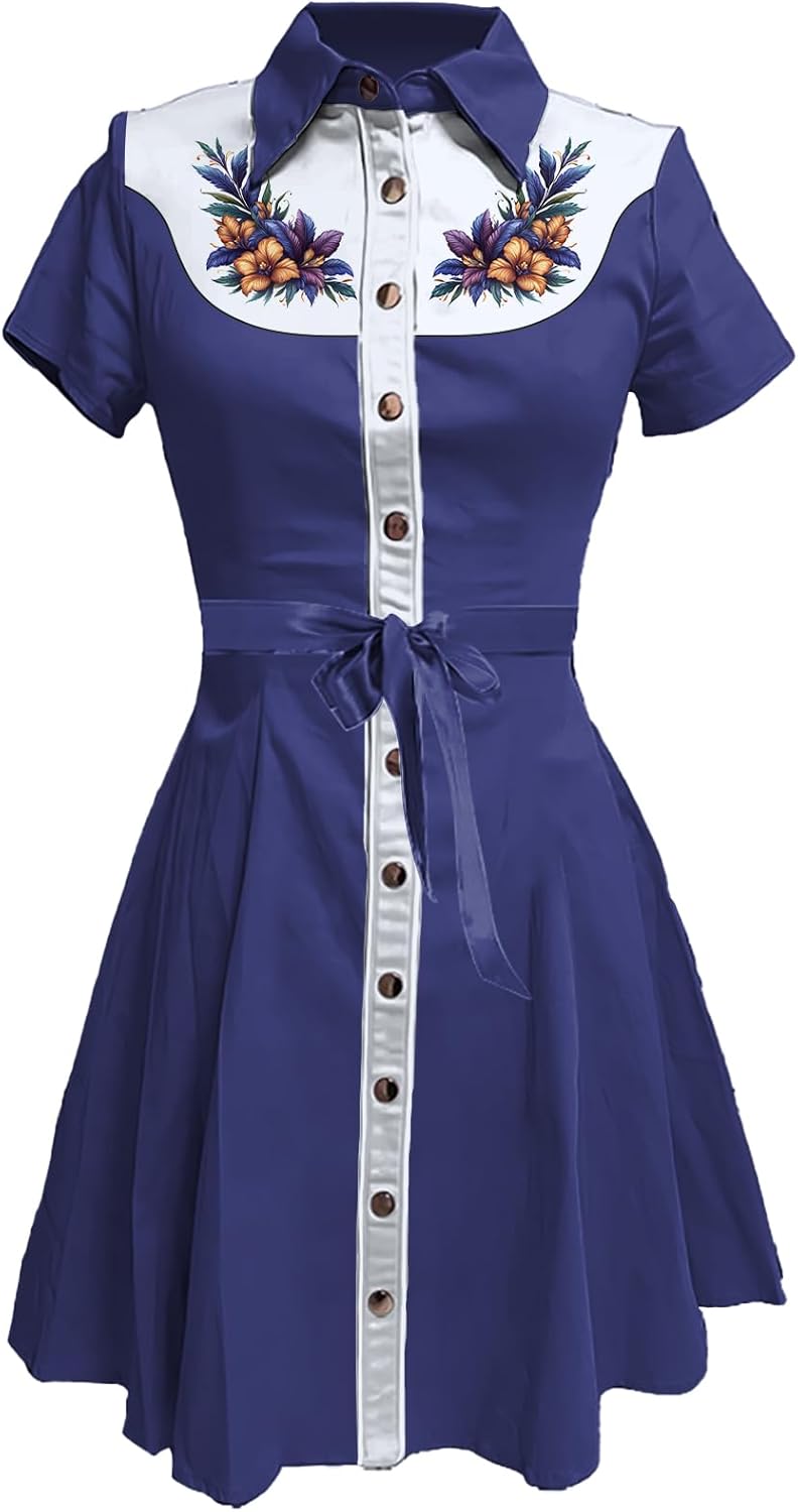 Business Casual Dress for Women Western Floral Short Sleeve Collared Button Down Fashion Aline High Waist Dress