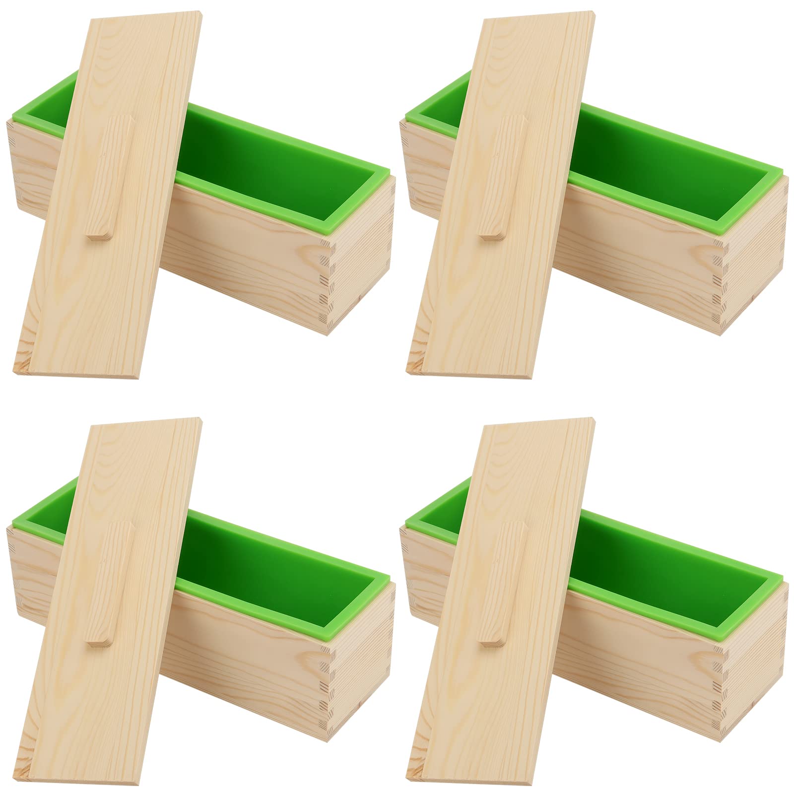 KEILEOHO 4 PCS 42oz Soap Molds Loaf with lid, Large Wooden Soaps Molds, Flexible Rectangular Silicone Soap Mold for Soaps, Cake, DIY, Green