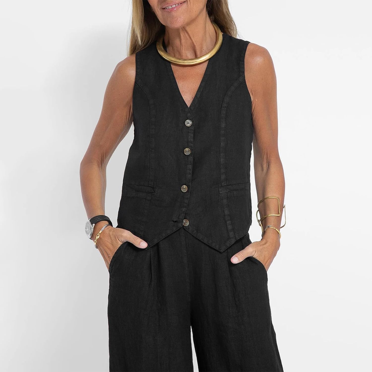 Conjunto de 2 piezas para mujer, cuello en V, sin mangas, con botones, pantalones de pierna ancha, traje de 2 piezas, conjunto de lino a juego de verano